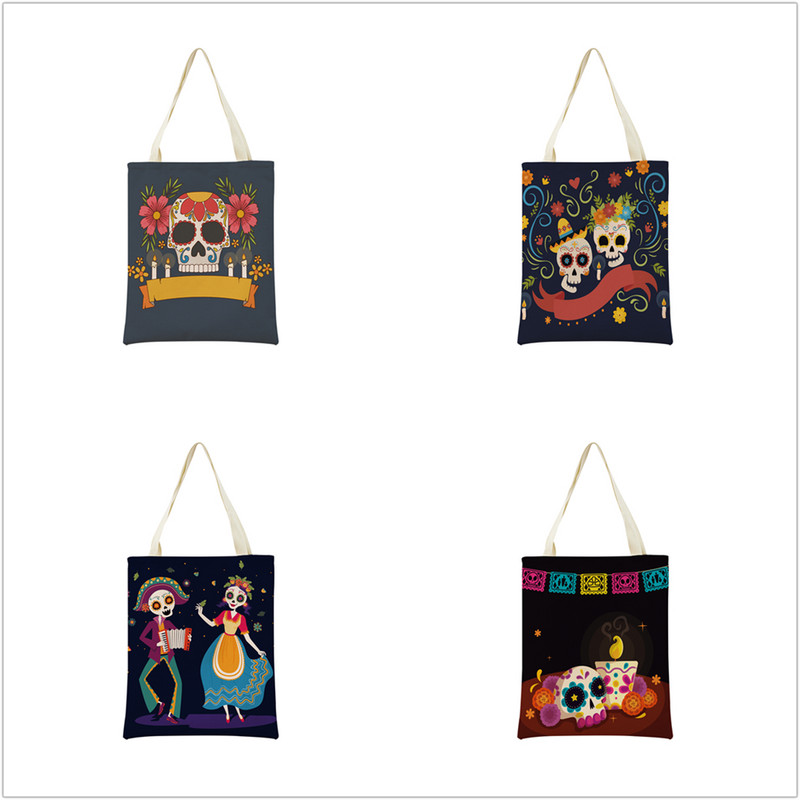 Mexico Day Of The Dead Пазарска чанта Dia De Muertos Двустранно отпечатан череп Сгъваема ръчна чанта Преносима удобна чантичка за съхранение