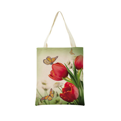 Пазарска чанта от спално бельо Eco Market Розово червено лале Двустранен дизайн с принт Дамска сгъваема ръчна чанта Преносима удобна чантичка за съхранение