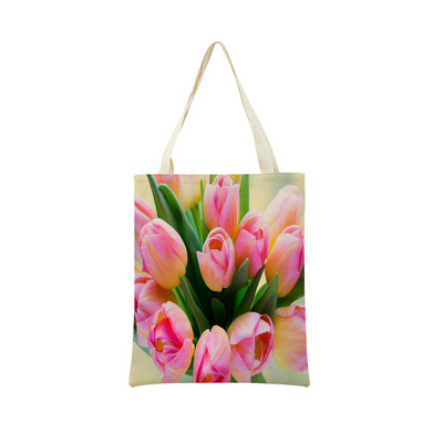 Пазарска чанта от спално бельо Eco Market Розово червено лале Двустранен дизайн с принт Дамска сгъваема ръчна чанта Преносима удобна чантичка за съхранение