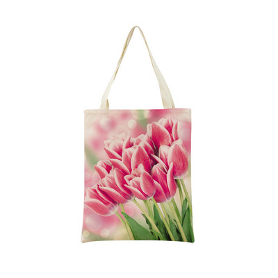 Пазарска чанта от спално бельо Eco Market Розово червено лале Двустранен дизайн с принт Дамска сгъваема ръчна чанта Преносима удобна чантичка за съхранение
