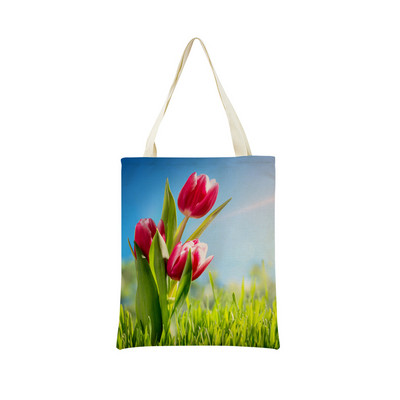 Пазарска чанта от спално бельо Eco Market Розово червено лале Двустранен дизайн с принт Дамска сгъваема ръчна чанта Преносима удобна чантичка за съхранение