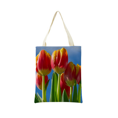 Пазарска чанта от спално бельо Eco Market Розово червено лале Двустранен дизайн с принт Дамска сгъваема ръчна чанта Преносима удобна чантичка за съхранение