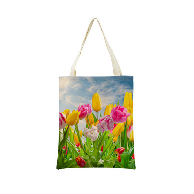 Пазарска чанта от спално бельо Eco Market Розово червено лале Двустранен дизайн с принт Дамска сгъваема ръчна чанта Преносима удобна чантичка за съхранение