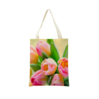 Пазарска чанта от спално бельо Eco Market Розово червено лале Двустранен дизайн с принт Дамска сгъваема ръчна чанта Преносима удобна чантичка за съхранение