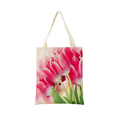 Пазарска чанта от спално бельо Eco Market Розово червено лале Двустранен дизайн с принт Дамска сгъваема ръчна чанта Преносима удобна чантичка за съхранение