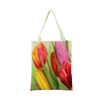 Пазарска чанта от спално бельо Eco Market Розово червено лале Двустранен дизайн с принт Дамска сгъваема ръчна чанта Преносима удобна чантичка за съхранение