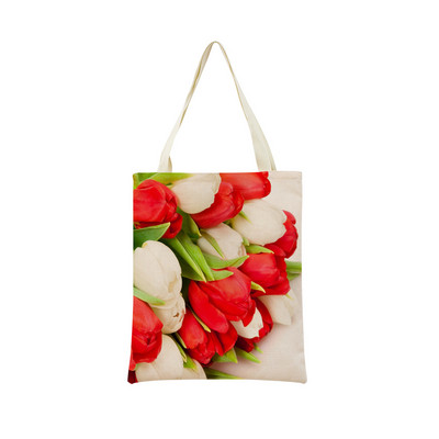 Пазарска чанта от спално бельо Eco Market Розово червено лале Двустранен дизайн с принт Дамска сгъваема ръчна чанта Преносима удобна чантичка за съхранение