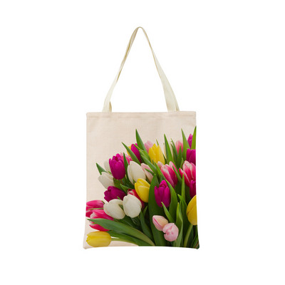 Пазарска чанта от спално бельо Eco Market Розово червено лале Двустранен дизайн с принт Дамска сгъваема ръчна чанта Преносима удобна чантичка за съхранение