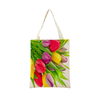 Пазарска чанта от спално бельо Eco Market Розово червено лале Двустранен дизайн с принт Дамска сгъваема ръчна чанта Преносима удобна чантичка за съхранение