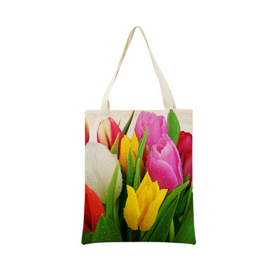 Пазарска чанта от спално бельо Eco Market Розово червено лале Двустранен дизайн с принт Дамска сгъваема ръчна чанта Преносима удобна чантичка за съхранение