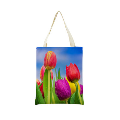 Пазарска чанта от спално бельо Eco Market Розово червено лале Двустранен дизайн с принт Дамска сгъваема ръчна чанта Преносима удобна чантичка за съхранение