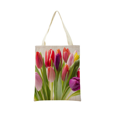 Пазарска чанта от спално бельо Eco Market Розово червено лале Двустранен дизайн с принт Дамска сгъваема ръчна чанта Преносима удобна чантичка за съхранение