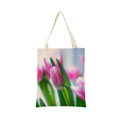 Пазарска чанта от спално бельо Eco Market Розово червено лале Двустранен дизайн с принт Дамска сгъваема ръчна чанта Преносима удобна чантичка за съхранение