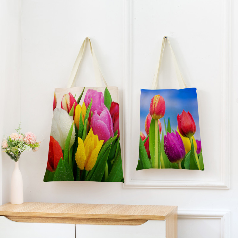 Пазарска чанта от спално бельо Eco Market Розово червено лале Двустранен дизайн с принт Дамска сгъваема ръчна чанта Преносима удобна чантичка за съхранение