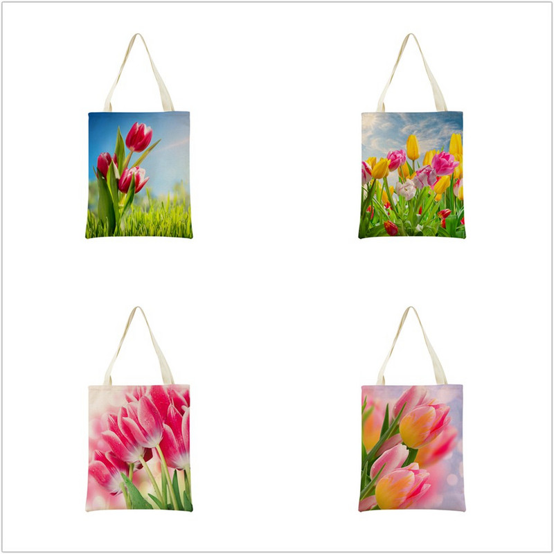 Пазарска чанта от спално бельо Eco Market Розово червено лале Двустранен дизайн с принт Дамска сгъваема ръчна чанта Преносима удобна чантичка за съхранение