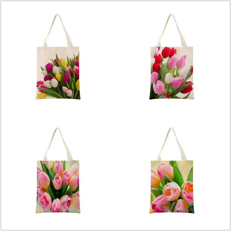 Пазарска чанта от спално бельо Eco Market Розово червено лале Двустранен дизайн с принт Дамска сгъваема ръчна чанта Преносима удобна чантичка за съхранение