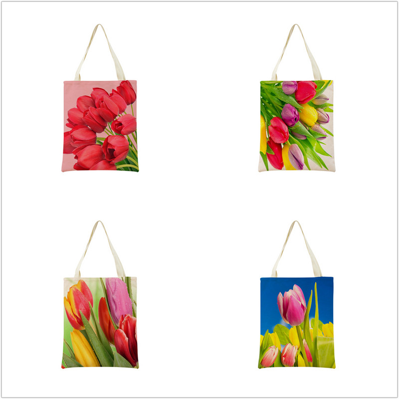 Пазарска чанта от спално бельо Eco Market Розово червено лале Двустранен дизайн с принт Дамска сгъваема ръчна чанта Преносима удобна чантичка за съхранение