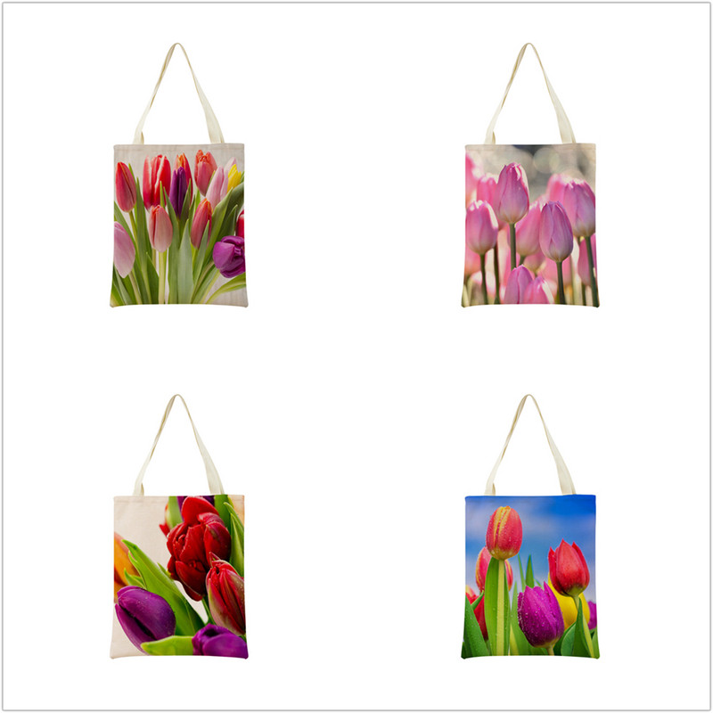 Пазарска чанта от спално бельо Eco Market Розово червено лале Двустранен дизайн с принт Дамска сгъваема ръчна чанта Преносима удобна чантичка за съхранение