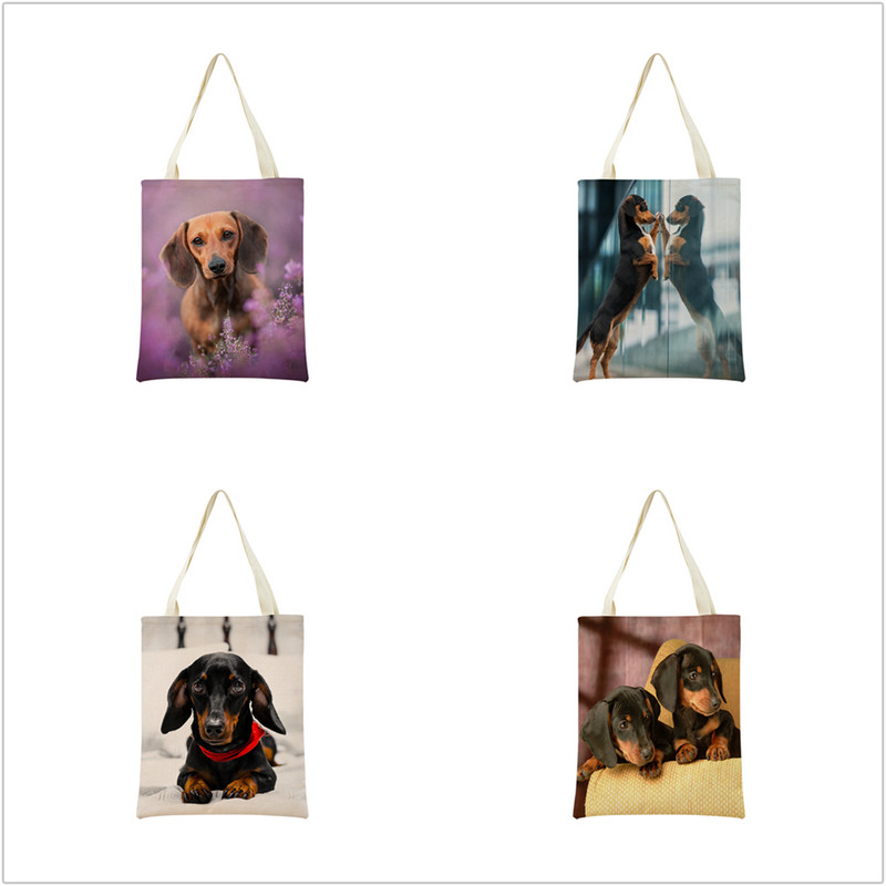 Миниатюрно куче Дакел Пазарска чанта за супермаркет с двустранен печат Екологична сгъваема чанта Дамска студентска преносима чантичка