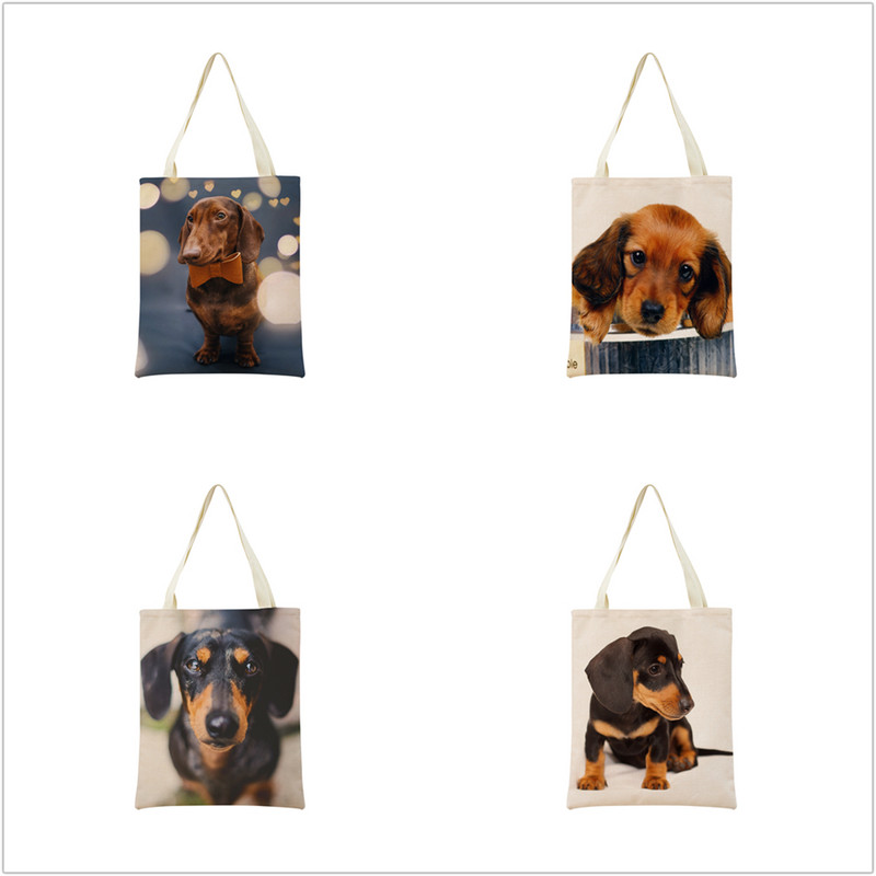 Миниатюрно куче Дакел Пазарска чанта за супермаркет с двустранен печат Екологична сгъваема чанта Дамска студентска преносима чантичка