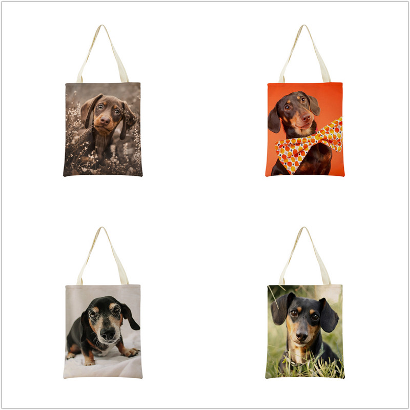 Миниатюрно куче Дакел Пазарска чанта за супермаркет с двустранен печат Екологична сгъваема чанта Дамска студентска преносима чантичка