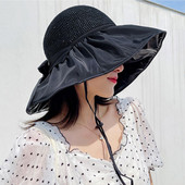 Дамска шапка за слънце с широка периферия, голяма плетена плажна шапка с панделка, ветроустойчива презрамка, снаждане на външна шапка, анти-UV рибарска шапка за лятото