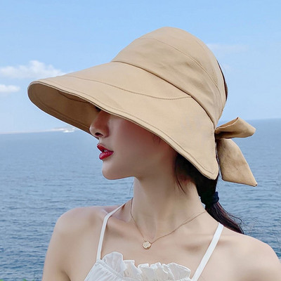 Масивна слънчева шапка, лятна дамска козирка с конска опашка, широка периферия, UV защита, плажна шапка, жълта дамска шапка за слънце, дамски шапки, сгъваеми Gorro