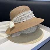 Дамски летни сенници, дишащи слънчеви шапки за жени, сгъваеми сламени шапки с лък, пътуване на открито, плажна слънцезащитна шапка, капачка с кофа, подарък