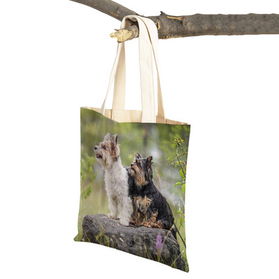 Модна MINI йоркширско куче Платнена студентска дамска дамска чанта за многократна употреба Двойна щампа Сладък домашен любимец Ежедневна чанта за жени