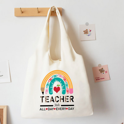 Teach Love Inspire Rainbow Printed Tote Bag Литература Чанта за книги Дамски чанти за през рамо Travel Harajuku Платнена чанта Подарък за учител