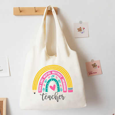 Teach Love Inspire Rainbow Printed Tote Bag Литература Чанта за книги Дамски чанти за през рамо Travel Harajuku Платнена чанта Подарък за учител