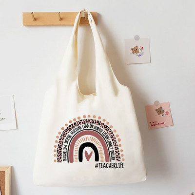 Teach Love Inspire Rainbow Printed Tote Bag Литература Чанта за книги Дамски чанти за през рамо Travel Harajuku Платнена чанта Подарък за учител