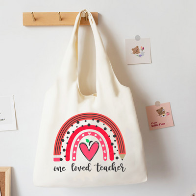 Teach Love Inspire Rainbow Printed Tote Bag Литература Чанта за книги Дамски чанти за през рамо Travel Harajuku Платнена чанта Подарък за учител
