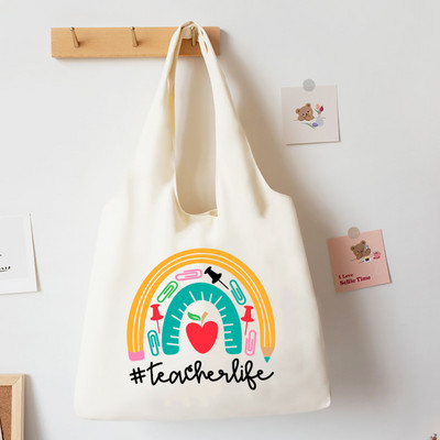Teach Love Inspire Rainbow Printed Tote Bag Литература Чанта за книги Дамски чанти за през рамо Travel Harajuku Платнена чанта Подарък за учител