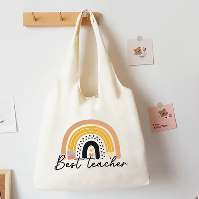 Teach Love Inspire Rainbow Printed Tote Bag Литература Чанта за книги Дамски чанти за през рамо Travel Harajuku Платнена чанта Подарък за учител