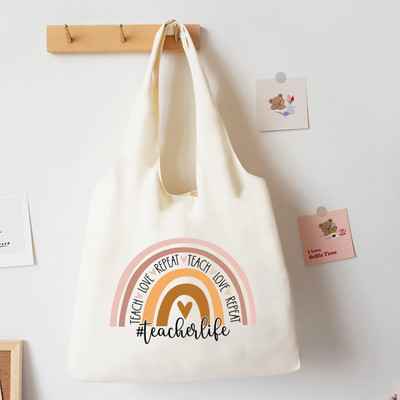 Teach Love Inspire Rainbow Printed Tote Bag Литература Чанта за книги Дамски чанти за през рамо Travel Harajuku Платнена чанта Подарък за учител
