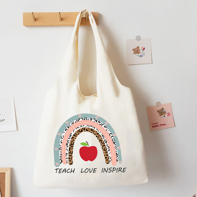 Teach Love Inspire Rainbow Printed Tote Bag Литература Чанта за книги Дамски чанти за през рамо Travel Harajuku Платнена чанта Подарък за учител