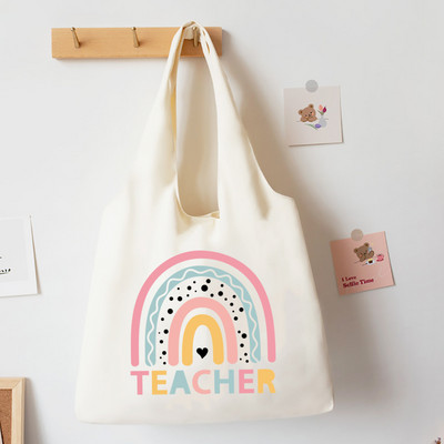 Teach Love Inspire Rainbow Printed Tote Bag Литература Чанта за книги Дамски чанти за през рамо Travel Harajuku Платнена чанта Подарък за учител