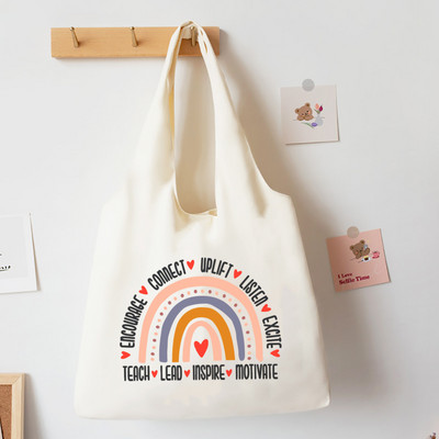 Teach Love Inspire Rainbow Printed Tote Bag Литература Чанта за книги Дамски чанти за през рамо Travel Harajuku Платнена чанта Подарък за учител