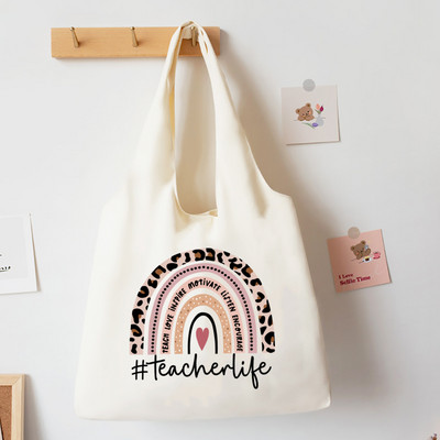 Teach Love Inspire Rainbow Printed Tote Bag Литература Чанта за книги Дамски чанти за през рамо Travel Harajuku Платнена чанта Подарък за учител