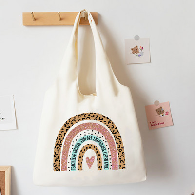 Teach Love Inspire Rainbow Printed Tote Bag Литература Чанта за книги Дамски чанти за през рамо Travel Harajuku Платнена чанта Подарък за учител
