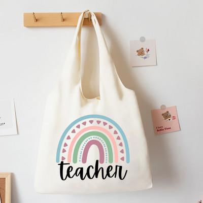 Teach Love Inspire Rainbow Printed Tote Bag Литература Чанта за книги Дамски чанти за през рамо Travel Harajuku Платнена чанта Подарък за учител