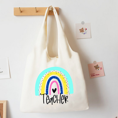 Teach Love Inspire Rainbow Printed Tote Bag Литература Чанта за книги Дамски чанти за през рамо Travel Harajuku Платнена чанта Подарък за учител