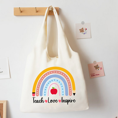 Teach Love Inspire Rainbow Printed Tote Bag Литература Чанта за книги Дамски чанти за през рамо Travel Harajuku Платнена чанта Подарък за учител