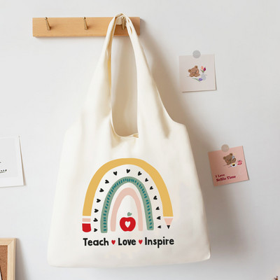 Teach Love Inspire Rainbow Printed Tote Bag Литература Чанта за книги Дамски чанти за през рамо Travel Harajuku Платнена чанта Подарък за учител