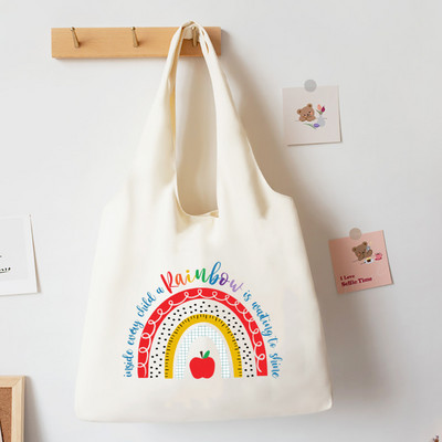 Teach Love Inspire Rainbow Printed Tote Bag Литература Чанта за книги Дамски чанти за през рамо Travel Harajuku Платнена чанта Подарък за учител