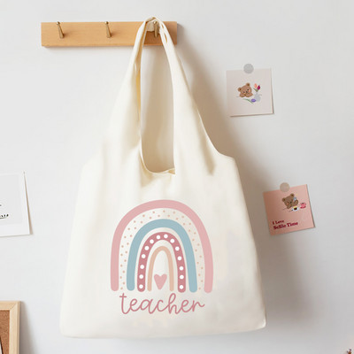 Teach Love Inspire Rainbow Printed Tote Bag Литература Чанта за книги Дамски чанти за през рамо Travel Harajuku Платнена чанта Подарък за учител