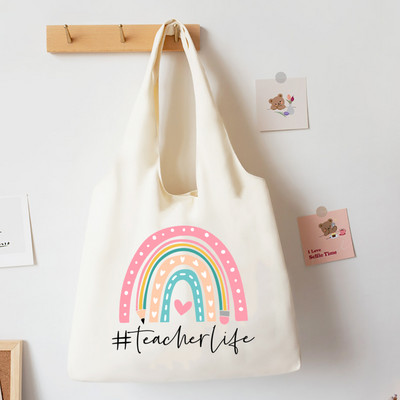Teach Love Inspire Rainbow Printed Tote Bag Литература Чанта за книги Дамски чанти за през рамо Travel Harajuku Платнена чанта Подарък за учител