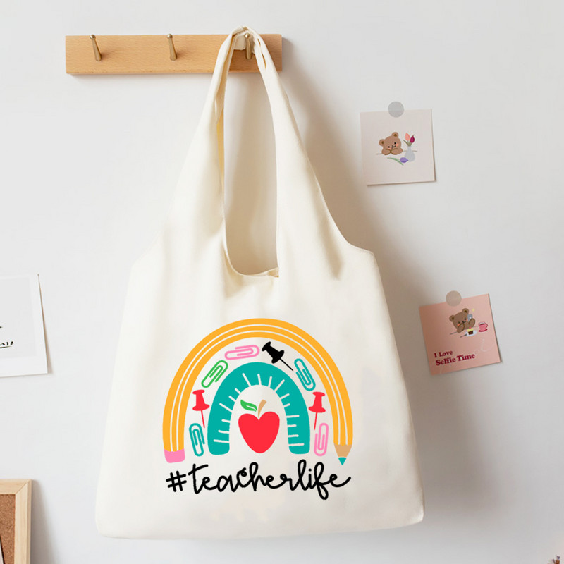 Teach Love Inspire Rainbow Printed Tote Bag Литература Чанта за книги Дамски чанти за през рамо Travel Harajuku Платнена чанта Подарък за учител