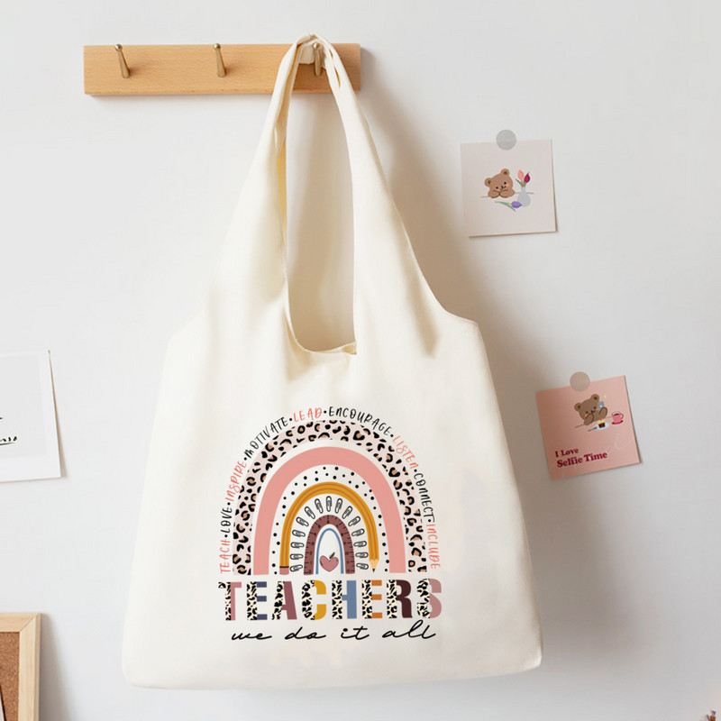 Teach Love Inspire Rainbow Printed Tote Bag Литература Чанта за книги Дамски чанти за през рамо Travel Harajuku Платнена чанта Подарък за учител